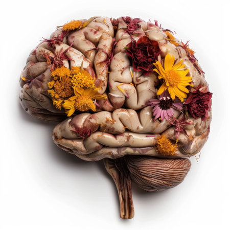 This striking image features a brain adorned with various flowers, symbolizing creativity and inspiration. Ideal for concepts related to art and mental health.の素材