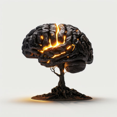 This conceptual image illustrates a brain merging with a tree, symbolizing growth and creativity, with soft illumination highlighting the intricate details of both elements.の素材