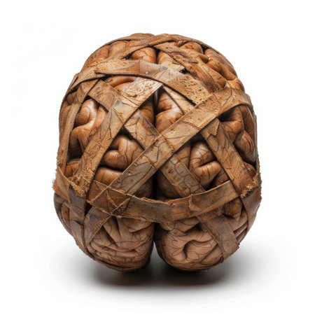 This intriguing artwork features a brain intricately wrapped in leather straps, symbolizing constrained thought and creativity. The detailed texture and unique design invite exploration of the human psyche.の素材