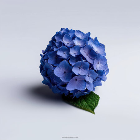 A beautiful close-up of a delicate blue hydrangea bloom resting on a simple background, showcasing vibrant petals and a green leaf, ideal for nature-themed projects.の素材