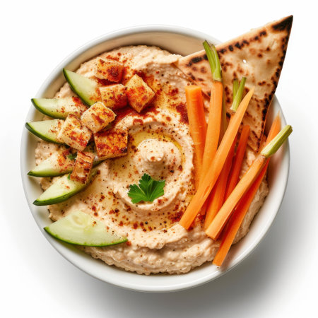 This vibrant bowl features creamy hummus topped with fresh vegetables, spicy pita chips, and garnished with herbs, perfect for a healthy snack or appetizer.の素材