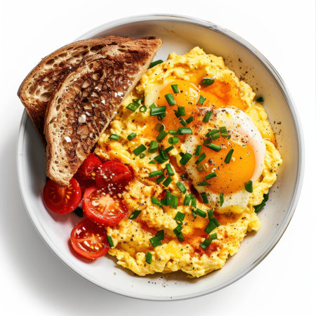 Enjoy a vibrant breakfast of creamy scrambled eggs, toast, and juicy cherry tomatoes, garnished with fresh herbs. A perfect start to your day!の素材