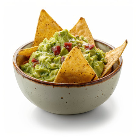 Enjoy a vibrant bowl of freshly made guacamole served with crispy tortilla chips, perfect for gatherings and celebrations. A delightful snack choice!の素材