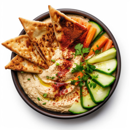 A vibrant and appetizing bowl of hummus served with crispy pita bread and fresh vegetables. This healthy dip showcases a blend of savory flavors and colors.の素材