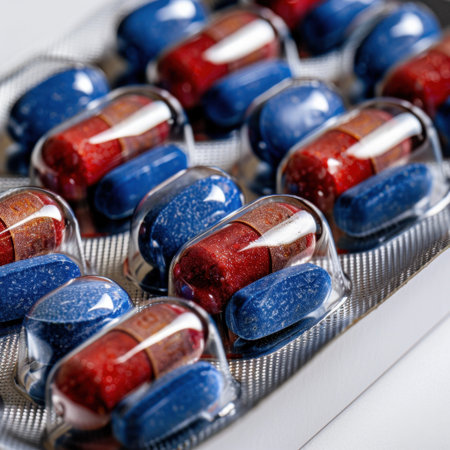Bright gel capsules in red and blue hues, arranged in a blister pack, symbolize health and well-being. Ideal for pharmaceutical and healthcare themes.の素材