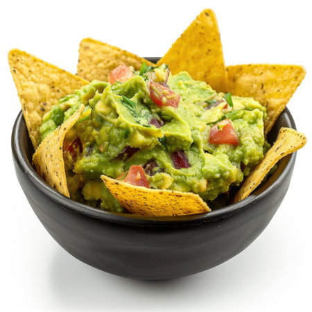 A vibrant bowl of freshly made guacamole paired with crunchy corn chips, perfect for social gatherings or casual snacking, showcasing rich flavors and textures.の素材