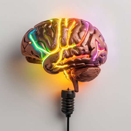 A striking colorful brain sculpture featuring neon lights and a power cord, perfect for creative spaces. This modern art piece symbolizes imagination and cognitive processes.の素材