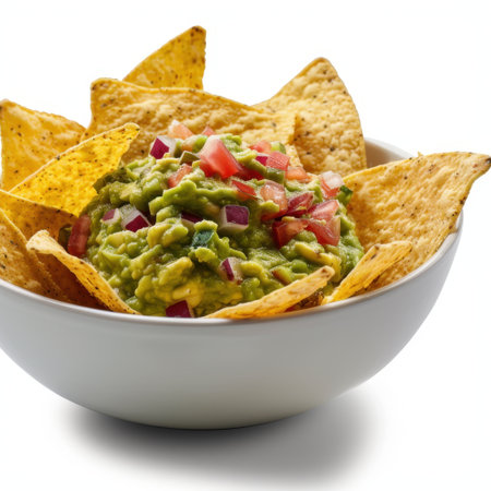 A vibrant bowl of fresh guacamole surrounded by crispy tortilla chips, perfect for any gathering or snack time. Enjoy the rich flavors and textures!の素材