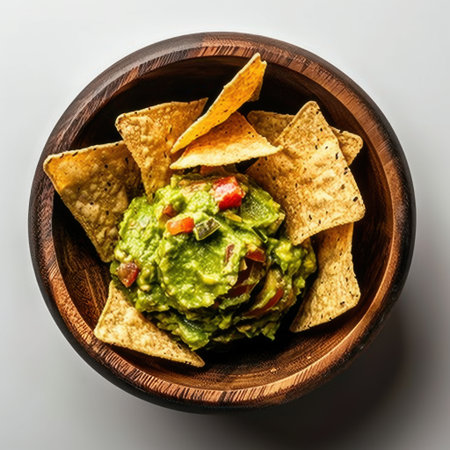 Indulge in this vibrant fresh guacamole paired with crispy tortilla chips, perfect for any snack or appetizer setting. Ideal for gatherings or casual dining.の素材