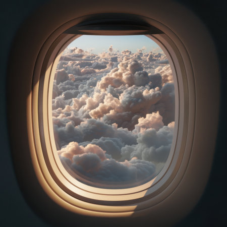 A captivating view of soft, fluffy clouds framed by an airplane window during sunset, showcasing vibrant pastel colors. Perfect for travel and aviation themes.の素材