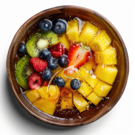 A beautifully arranged fruit salad featuring kiwi, strawberry, blueberry, raspberry, and pineapple, served in a wooden bowl. Ideal for healthy meals or desserts.の素材