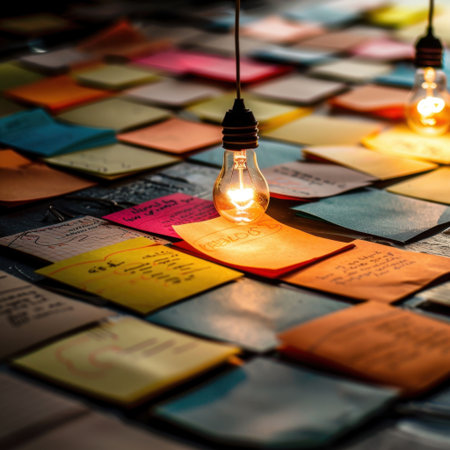 This image displays a vibrant arrangement of colorful sticky notes scattered on a desk, illuminated by a hanging light bulb, fostering an atmosphere of creativity and inspiration.の素材