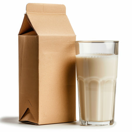 A glass of fresh white milk stands next to a sealed brown paper carton, showcasing a healthy beverage choice perfect for various food and lifestyle photography themes.の素材