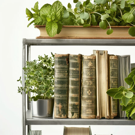 A charming arrangement of vintage books on a metal shelf complemented by lush green plants, creating a cozy reading nook and a warm home environment.の素材