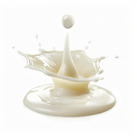 A stunning image of milk splashing against a pure white background, showcasing a dynamic droplet and ripple effect. Ideal for food design, advertising, and artistic projects.の素材