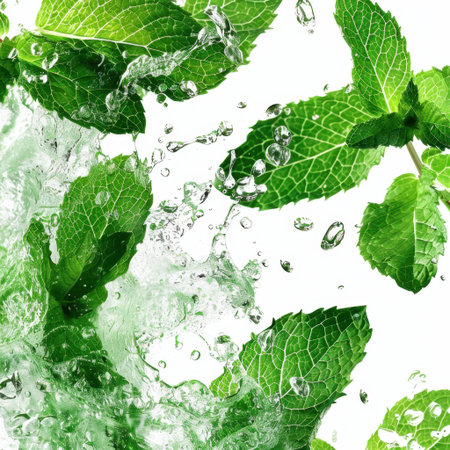 A closeup image of fresh mint leaves surrounded by splashing water droplets, conveying freshness and vitality, ideal for food, health, and wellness themes.の素材