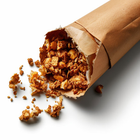 A visually appealing scene featuring freshly made granola spilling out of a brown paper bag on a white surface, emphasizing healthy eating and tasty snack options.の素材
