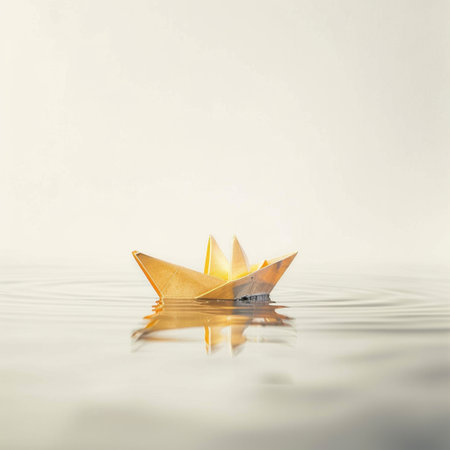 This image features a delicate paper boat gently floating on calm water, reflecting the soft dawn light. It evokes feelings of tranquility, creativity, and imagination.の素材