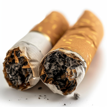This detailed image showcases burned cigarette butts with ash spilling out, emphasizing the environmental issues and health concerns related to smoking habits.の素材