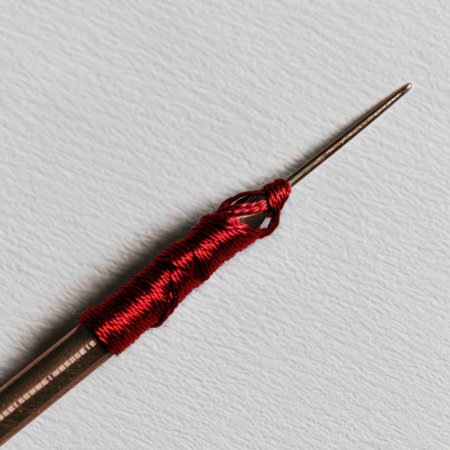 This close-up image captures a needle threaded with vibrant red thread, showcasing the intricate details of sewing as an artistic and creative craft.の素材
