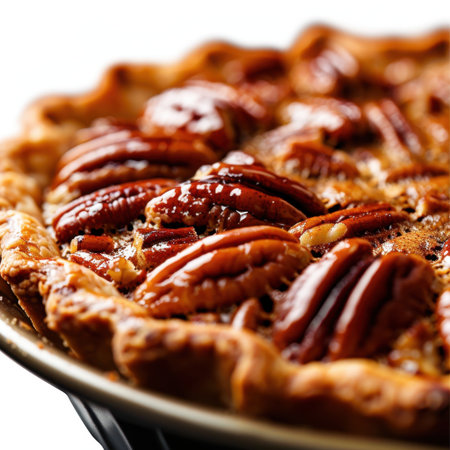 A beautifully baked pecan pie featuring a rich filling and caramelized pecans atop a golden crust, perfect for holiday gatherings and dessert lovers everywhere.の素材