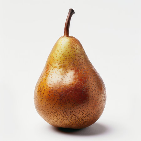 A beautifully captured ripe pear showcasing its smooth texture and unique color variations against a minimal white background, perfect for health and food themes.の素材
