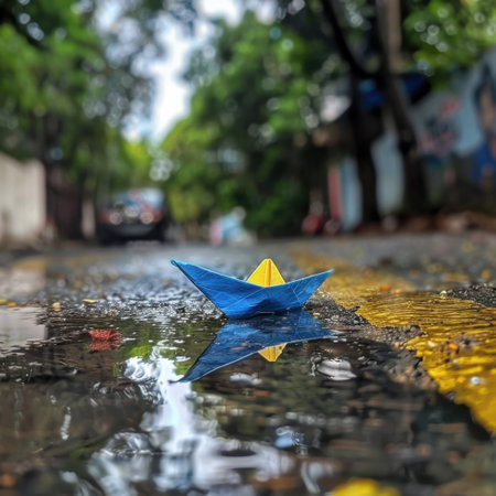 A vibrant origami boat drifts serenely in a rain puddle on a city street, framed by a backdrop of lush green trees and an urban landscape, conveying playful creativity.の素材