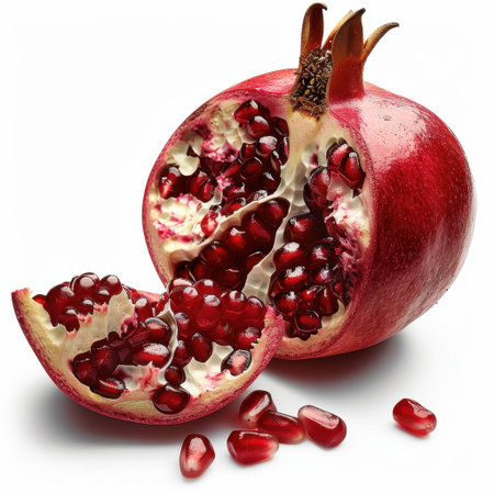A beautifully cut pomegranate displaying its vibrant red seeds, perfect for food photography. Ideal for culinary projects, healthy eating themes, and nature-inspired designs.の素材