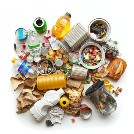 A chaotic arrangement of various types of waste including plastic bottles, food packages, and paper showcasing the dire need for effective recycling and waste management.の素材
