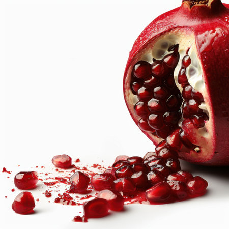 A visually striking image of a freshly cut pomegranate showcasing its juicy red seeds and vibrant inner flesh, perfect for food photography and healthy eating themes.の素材
