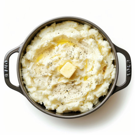 A close-up view of creamy mashed potatoes topped with a pat of butter and sprinkled with black pepper, served in a cast iron bowl on a crisp white backdrop.の素材
