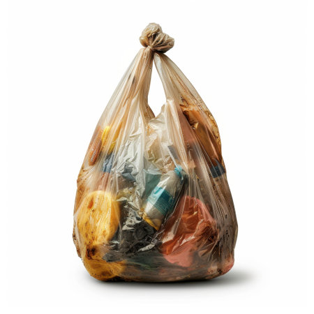 A transparent plastic garbage bag filled with assorted waste materials, showcasing the need for better waste management and recycling efforts in urban environments.の素材