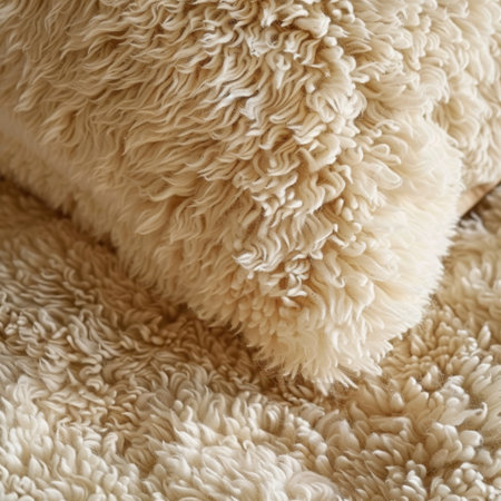 Discover a soft beige textured pillow resting on a cozy fur blanket, perfect for enhancing your home decor while adding warmth and comfort to any space.の素材