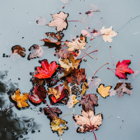 A collection of vibrant autumn leaves resting on a dark water surface, creating a stunning visual display of color and tranquility, perfect for nature lovers.の素材
