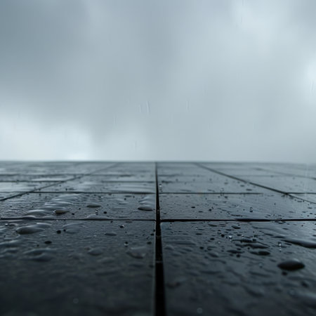 This image showcases a wet ground surface under a moody rain-filled sky. The raindrops create a reflective texture, enhancing the urban atmosphere.の素材