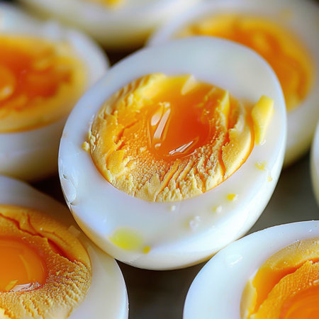Soft boiled eggs offer a creamy golden yolk and a tender white. Ideal for breakfast or brunch, these eggs provide a nutritious and delicious culinary option.の素材