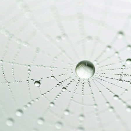 This captivating image showcases a delicate web adorned with water droplets, emphasizing the intricate beauty of nature's design. The soft focus background enhances the serene atmosphere, making it ideal for various projects.の素材