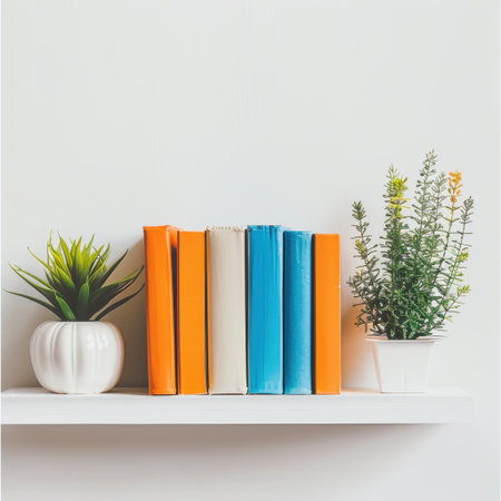 This image showcases a stylish arrangement of colorful books alongside decorative plants on a white shelf, perfect for inspiring modern home decor ideas and cozy living spaces.の素材