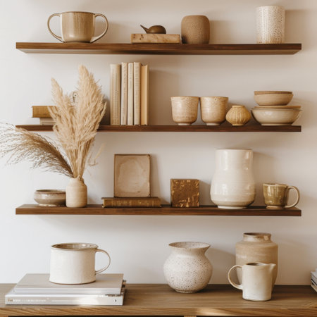 Discover an elegant home interior featuring minimalist shelves adorned with pottery, books, and natural elements, exuding warmth and serenity in a stylish arrangement.の素材