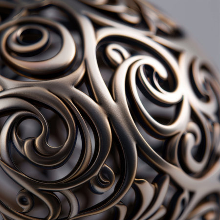 Explore the beauty of an ornate bronze decorative sphere featuring intricate swirling patterns that exemplify artistic craftsmanship, perfect for stylish home decor.の素材