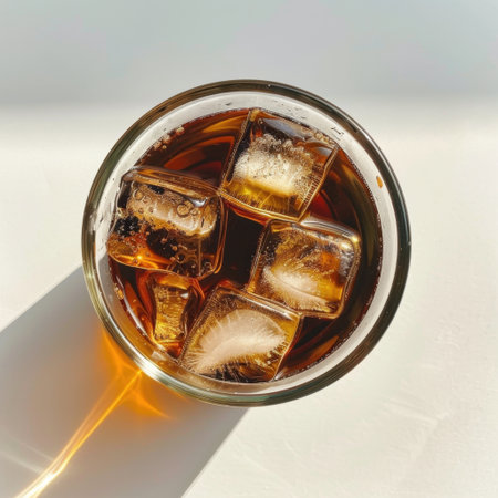 A close-up view of a clear glass filled with a cold beverage and ice cubes. The image captures the refreshing essence of a summer drink sparkling in natural light.の素材