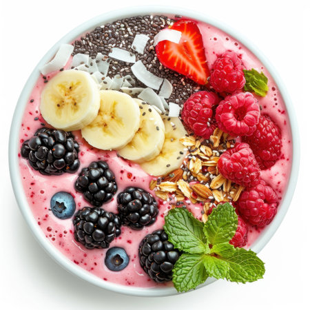 A vibrant and healthy smoothie bowl featuring fresh fruits, granola, and mint. Ideal for nutritious breakfasts or refreshing snacks, showcasing delicious natural ingredients.の素材