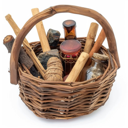 This image showcases a woven basket filled with various organic materials and artisan tools, perfect for inspiring creativity in DIY projects and artistic crafts.の素材