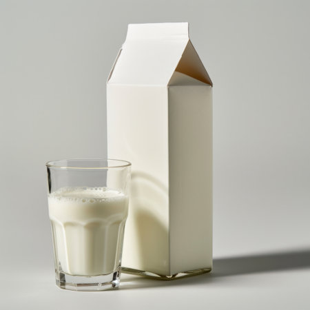 A clear glass filled with fresh milk sits beside an unlabelled carton on a smooth light gray surface, providing a modern and minimalist aesthetic for food photography.の素材