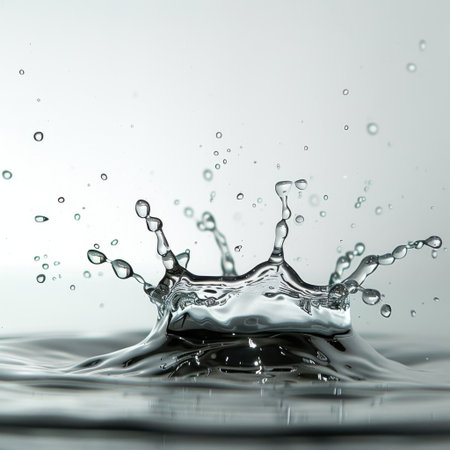 Stunning capture of a water droplet creating a splash effect on a smooth surface. Showcases intricate details and textures, evoking feelings of serenity and freshness.の素材