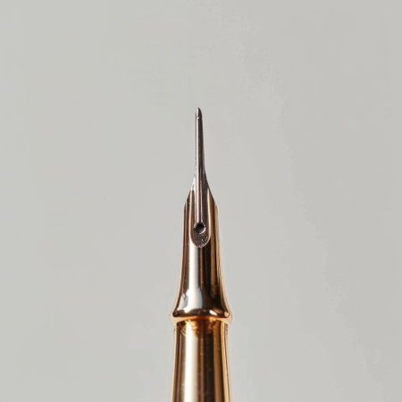 This detailed close-up photograph showcases a golden fountain pen nib on a soft neutral background, perfect for representing the elegance and artistry of writing instruments.の素材
