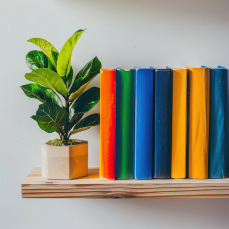 This image showcases a modern wooden bookshelf featuring a vibrant collection of colorful books alongside a charming potted plant, ideal for enhancing interior spaces.の素材