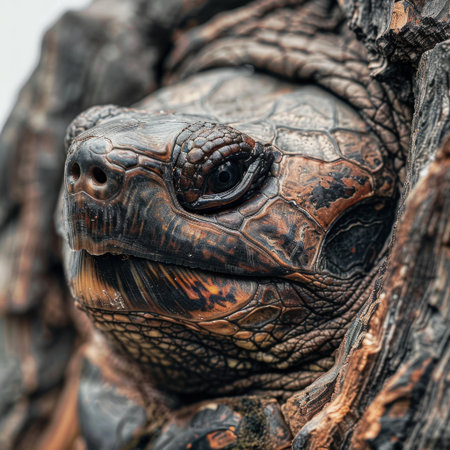This image captures the intricate details of a tortoise's face resting among natural elements. The textured shell and serene expression showcase the beauty of wildlife.の素材