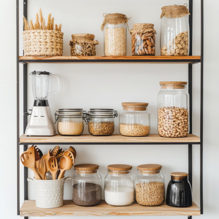 This image showcases a beautifully organized kitchen shelf with storage jars filled with various ingredients alongside a blender and wooden utensils, creating a warm atmosphere.の素材