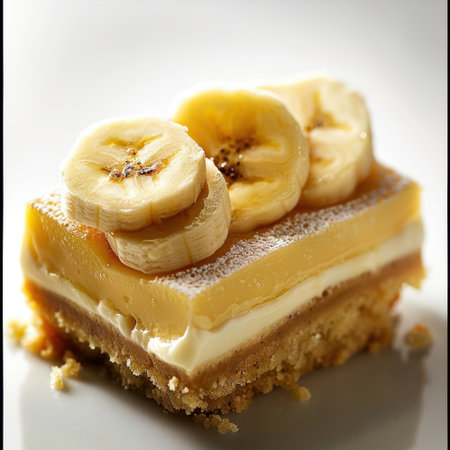 A mouthwatering dessert showcasing a creamy filling with banana slices atop a golden crust. Perfect for celebrations, gatherings, or simply indulging in sweetness.の素材